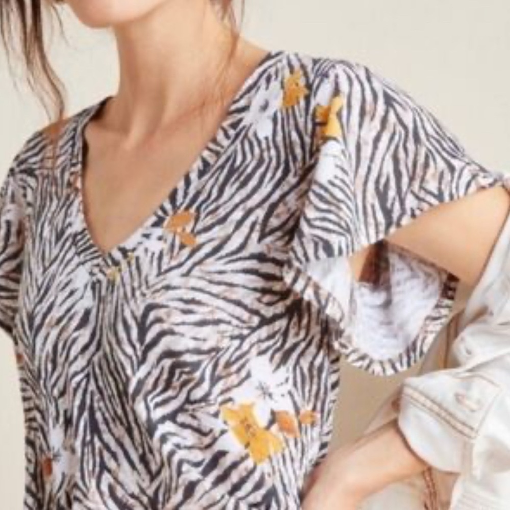 T.La Zebra Print V-Neck Top with Floral Accents